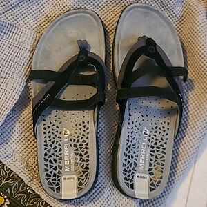 Merrell Womens Size 6 Shoes Black Gray Leather Select Grip Sport Thong Sandals